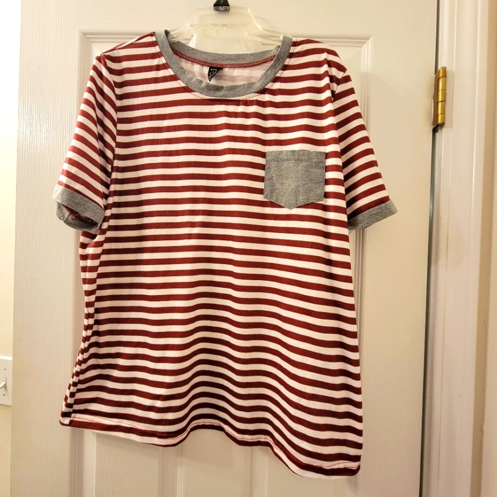 Women's red and grey striped tee